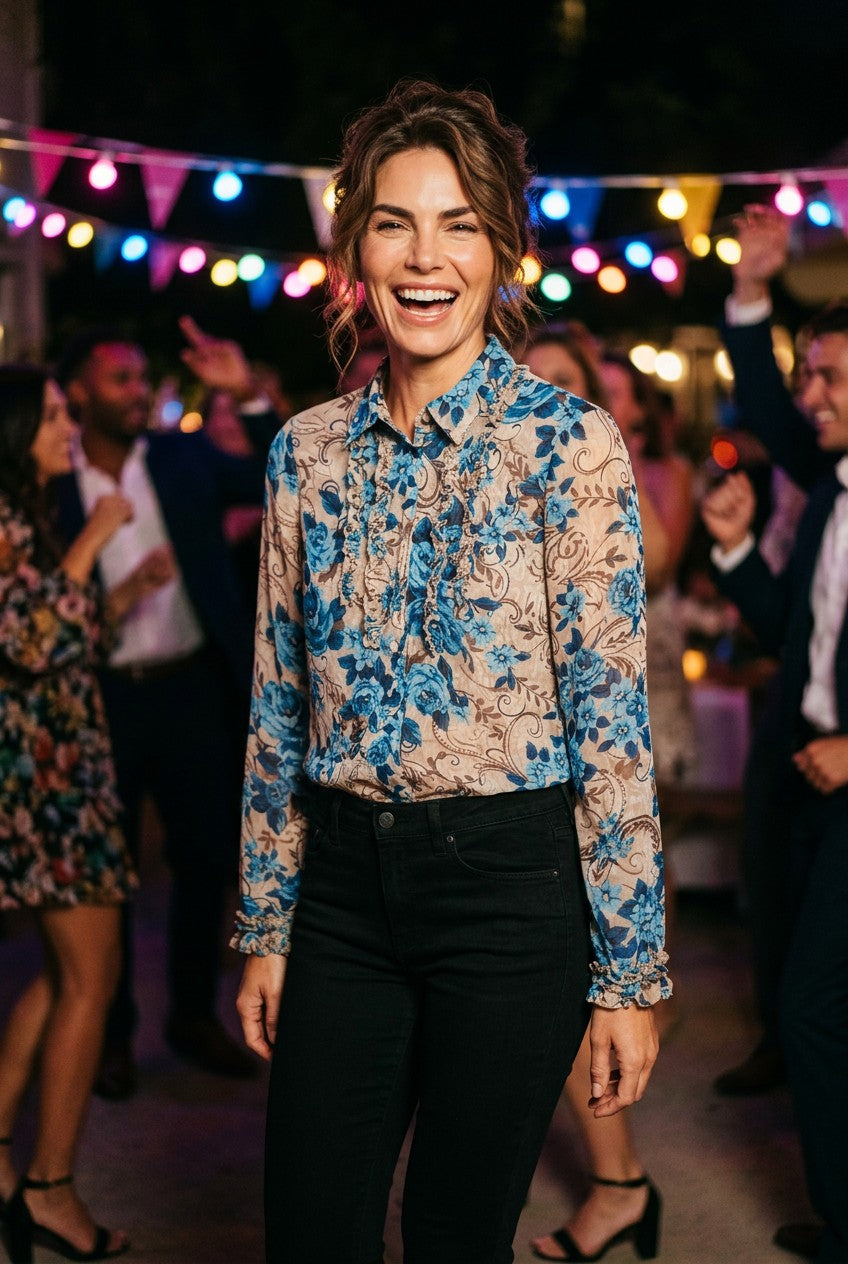 INC Blue & Tan Floral Long Sleeve Button Up Blouse - 2P