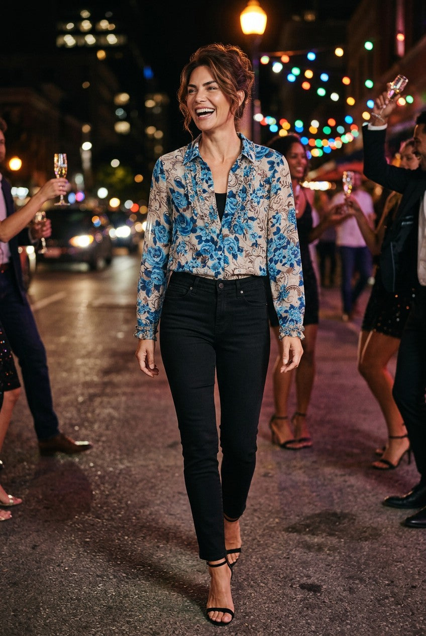 INC Blue & Tan Floral Long Sleeve Button Up Blouse - 2P