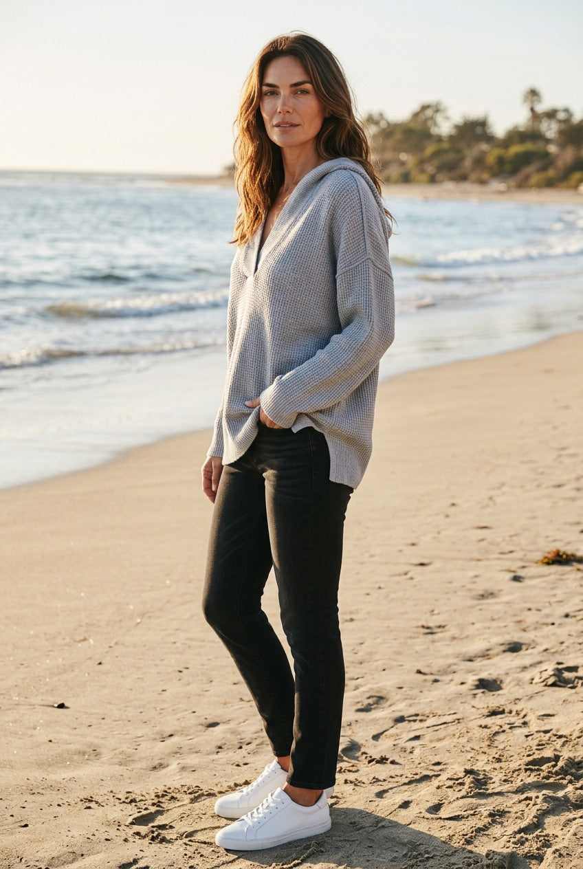 Aerie Waffle Knit Oversized V-Neck Pullover Sweater Gray L