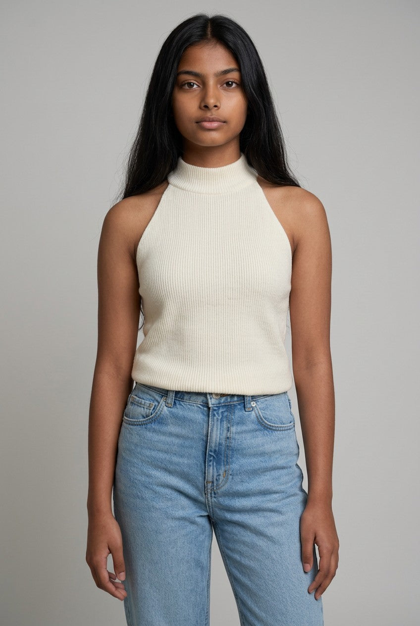 Rielle White Ribbed Mock Neck High-Neck Sleeveless Top, Size M - Excellent Condition