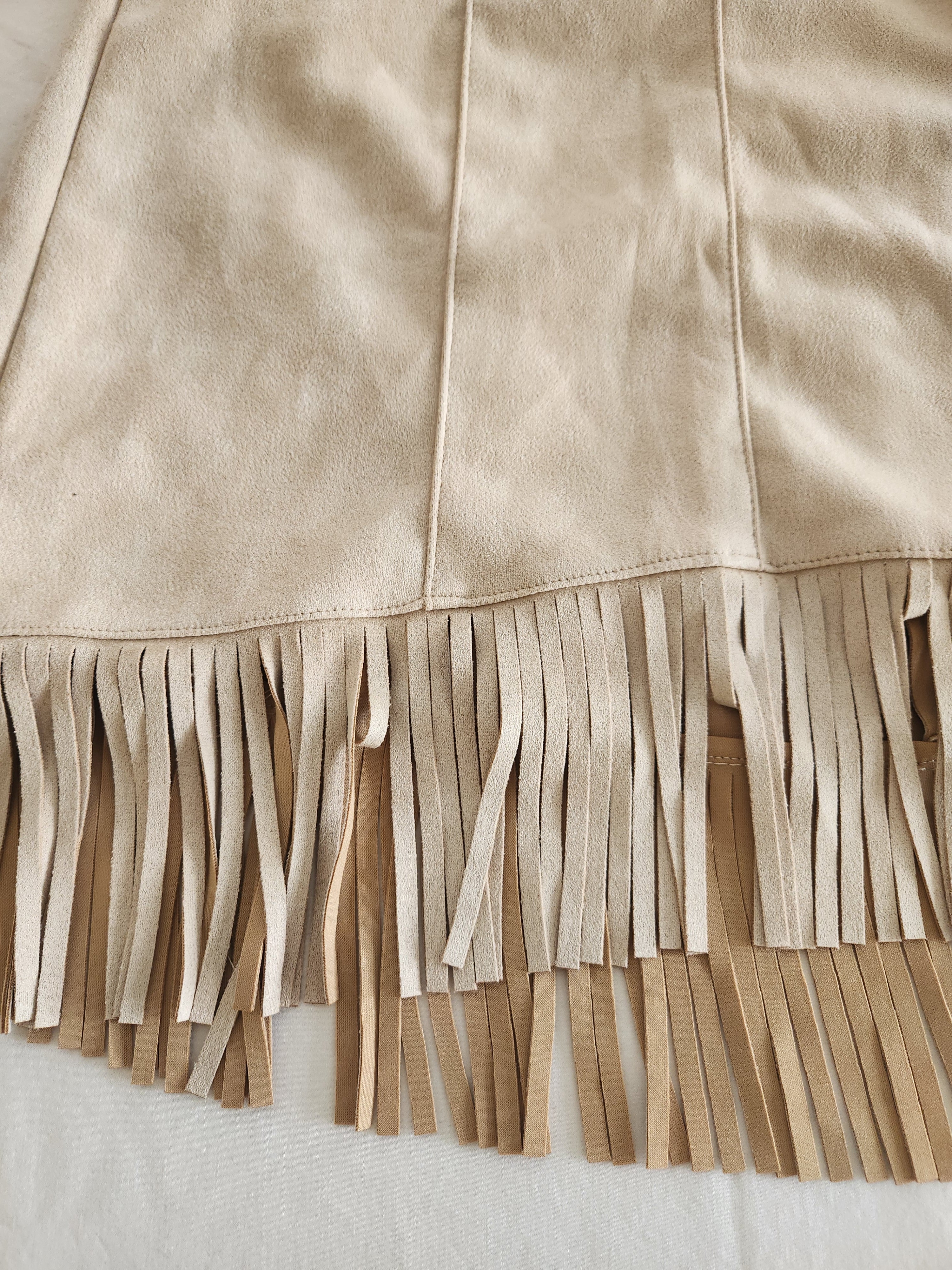 Forever 21 Tan Faux Suede Fringe Mini Skirt with Side Zip - Size S