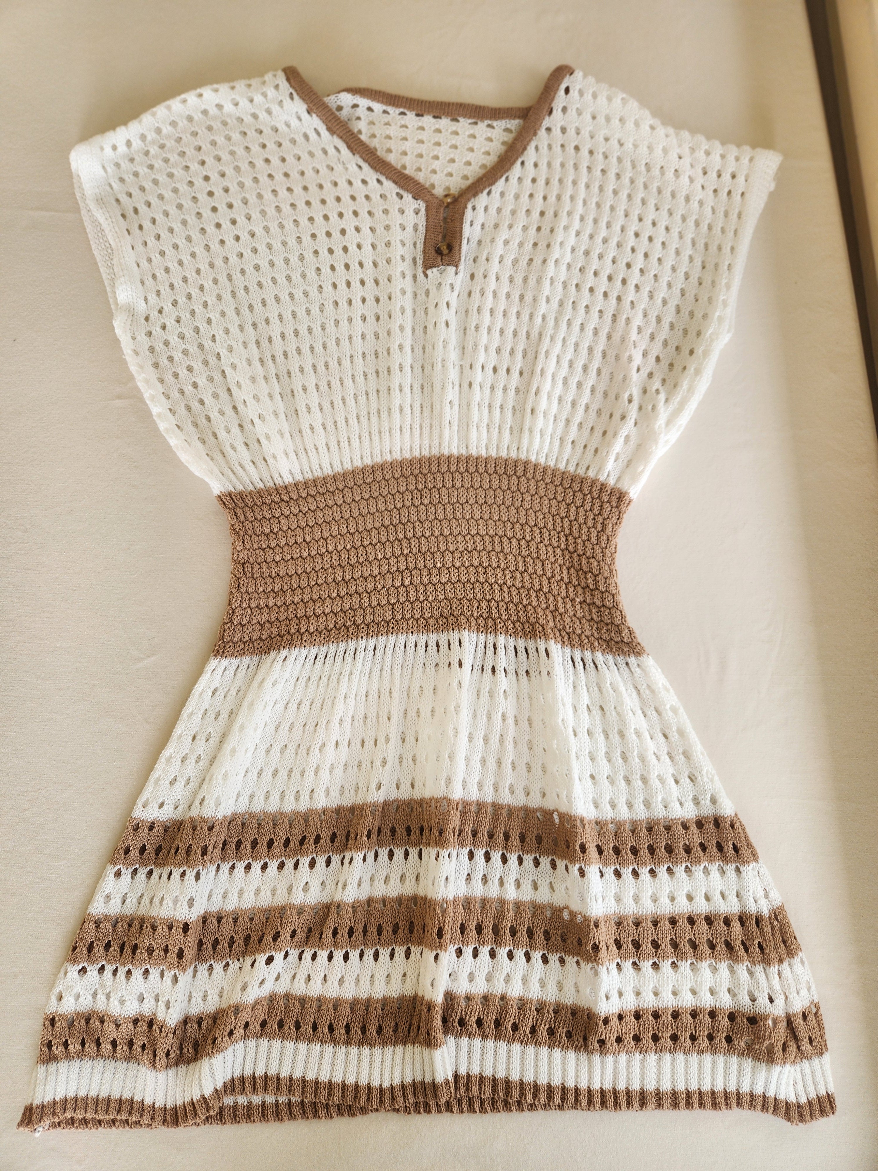 Tan & White Waffle Knit Swim Cover-Up Dress Loose Fit Resort Wear Size M