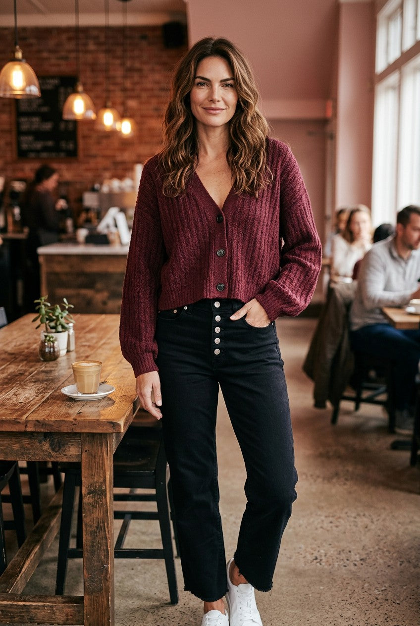 American Eagle Burgundy Oversized Boxy Crop Crew Neck Sweater Size M