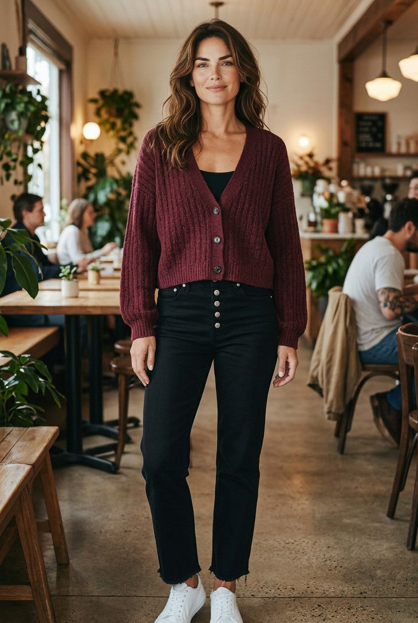American Eagle Burgundy Oversized Boxy Crop Crew Neck Sweater Size M