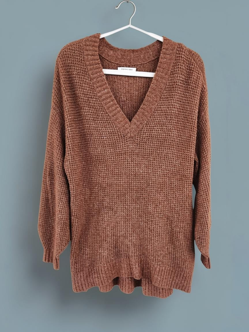 ✨ American Eagle Oversized Waffle Knit V-Neck  Brown XS✨
