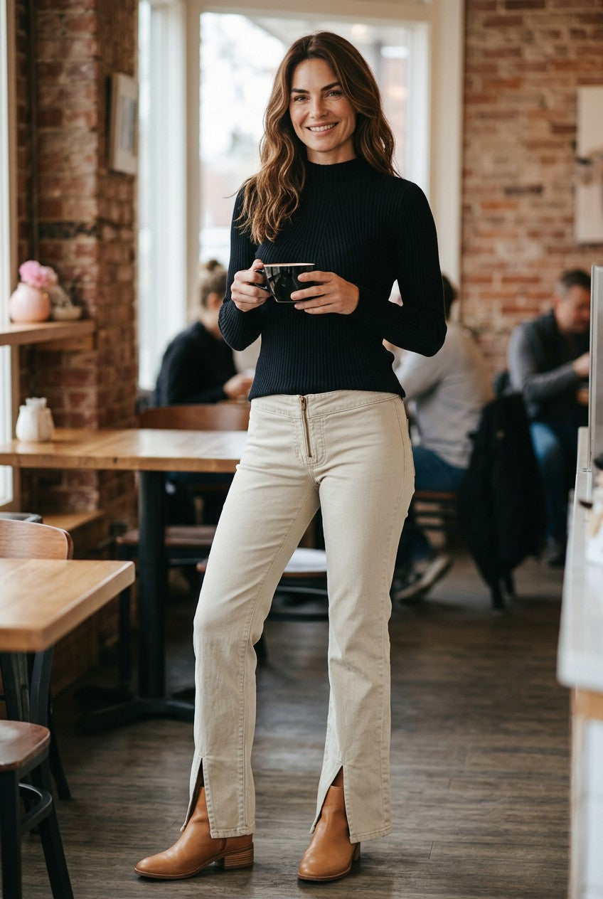 Olivia Grey Ribbed Knit Mock Neck Slim Fit Sweater Black XS