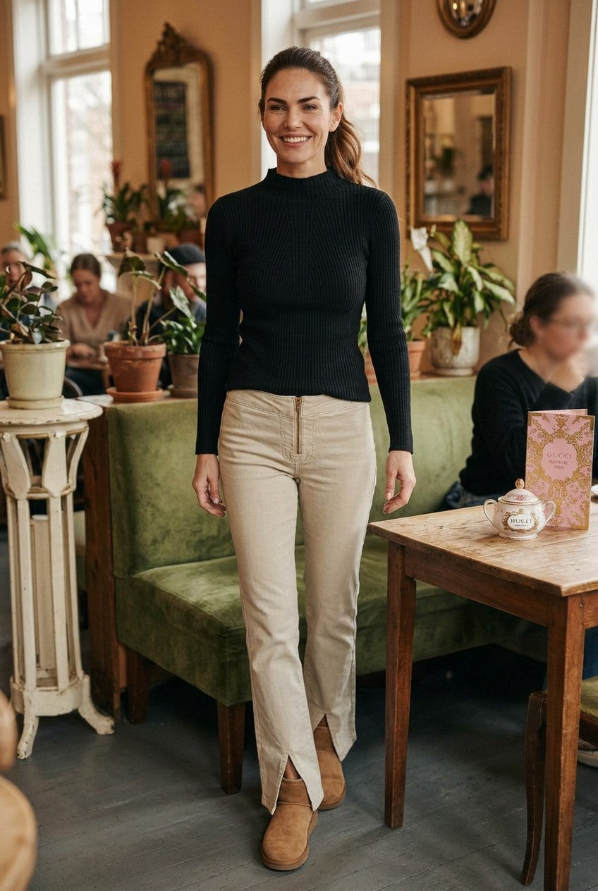 Olivia Grey Ribbed Knit Mock Neck Slim Fit Sweater Black XS