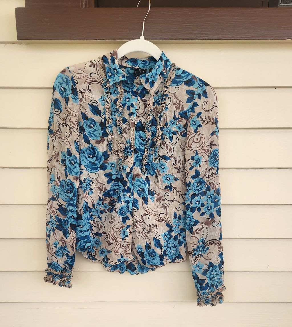 INC Blue & Tan Floral Long Sleeve Button Up Blouse - 2P