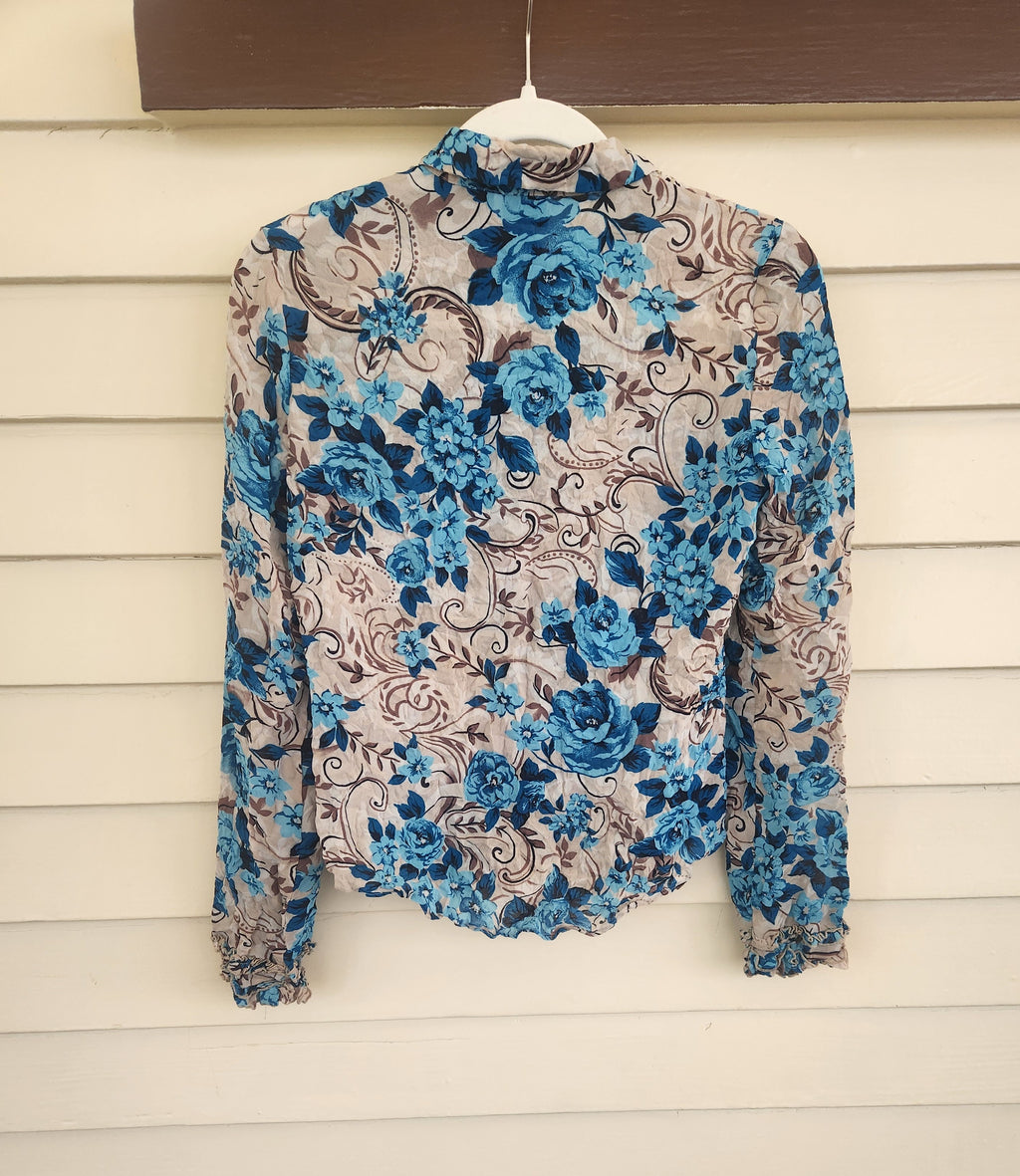 INC Blue & Tan Floral Long Sleeve Button Up Blouse - 2P