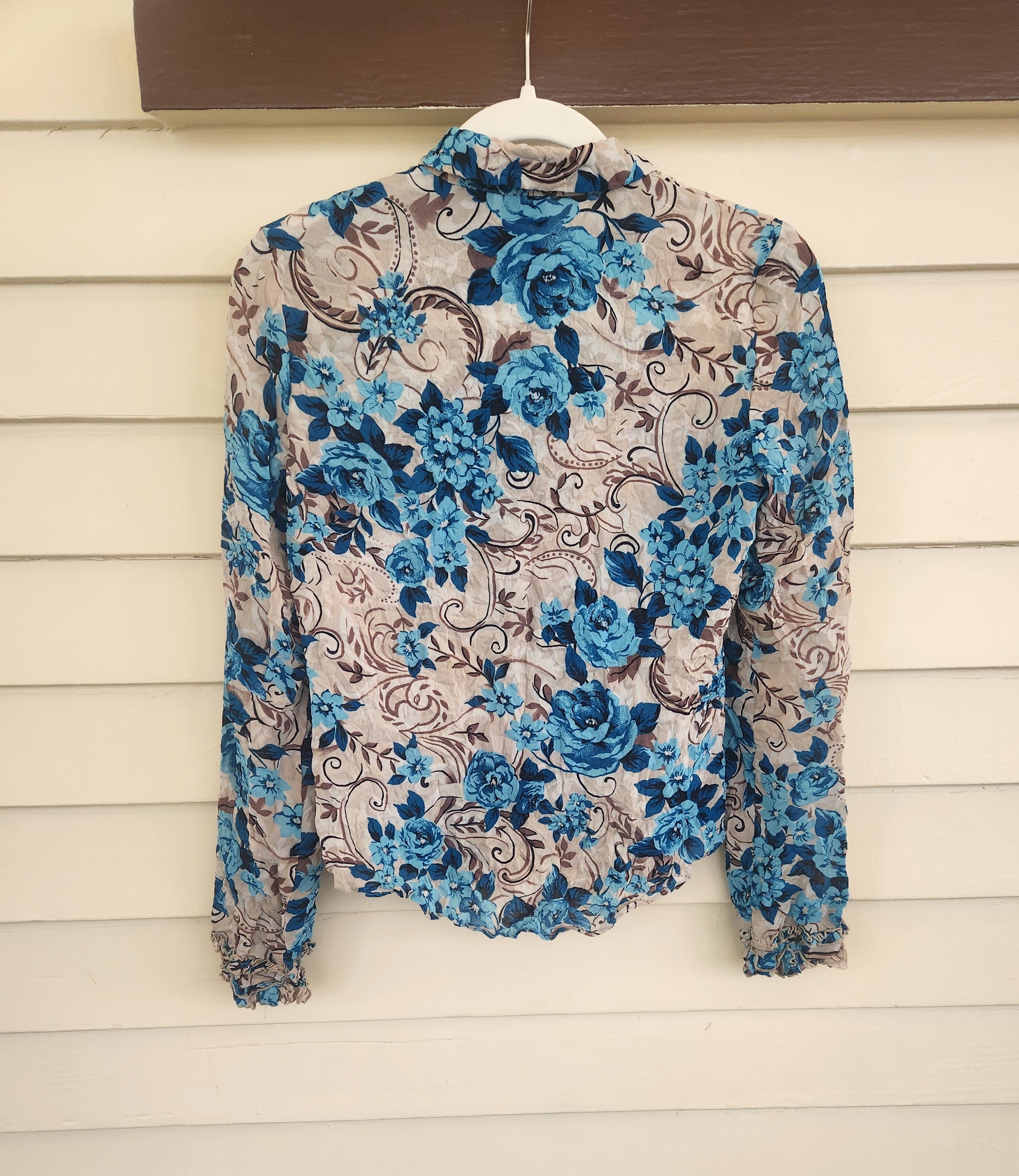 INC Blue & Tan Floral Long Sleeve Button Up Blouse - 2P