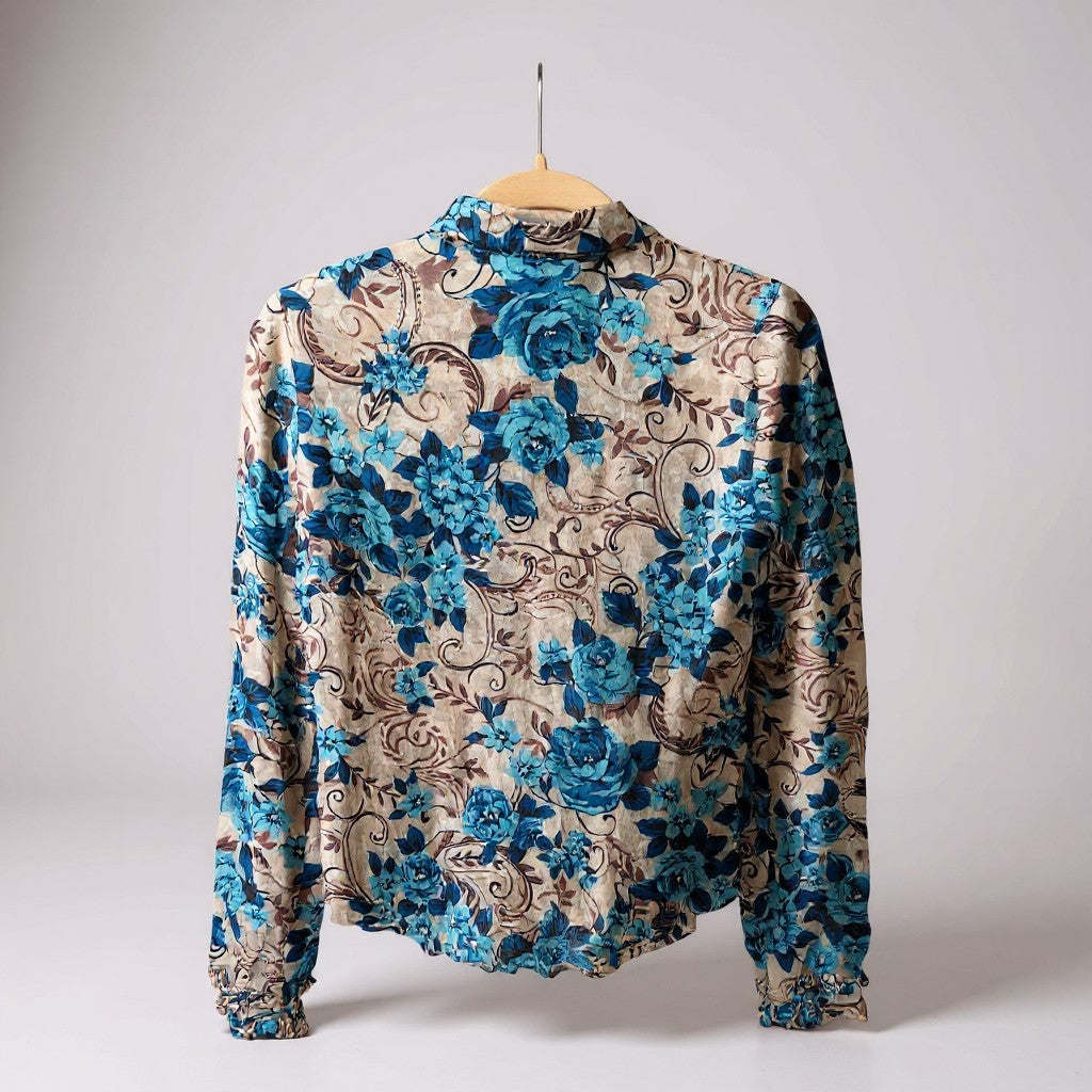 INC Blue & Tan Floral Long Sleeve Button Up Blouse - 2P
