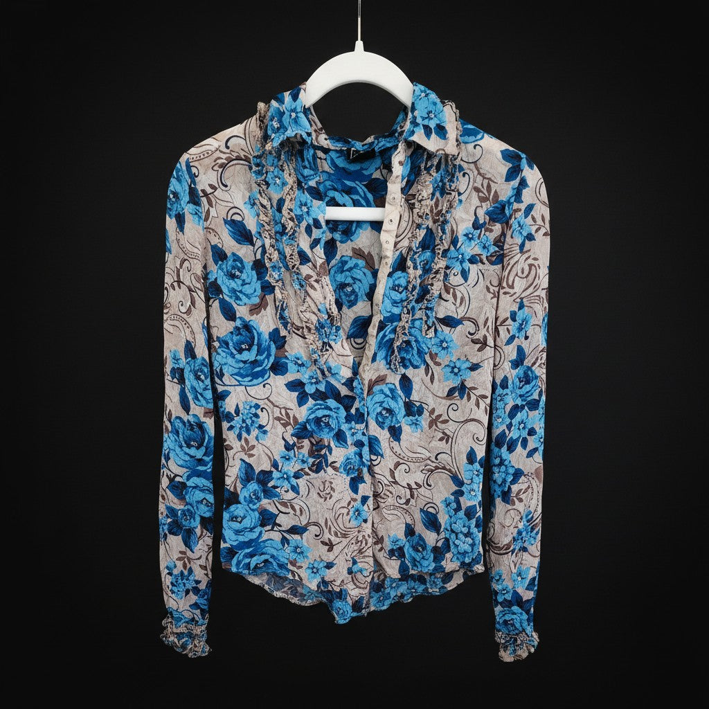 INC Blue & Tan Floral Long Sleeve Button Up Blouse - 2P