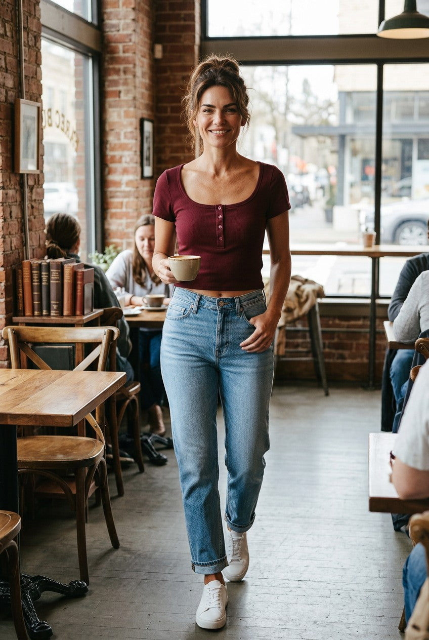 Burgundy Ribbed Short Sleeve Scoop Neck Top (No Tag, Fits Like S)