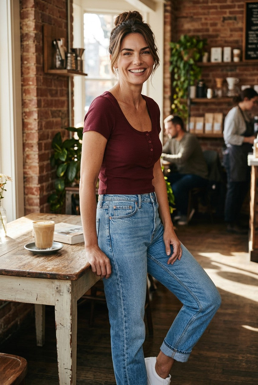 Burgundy Ribbed Short Sleeve Scoop Neck Top (No Tag, Fits Like S)