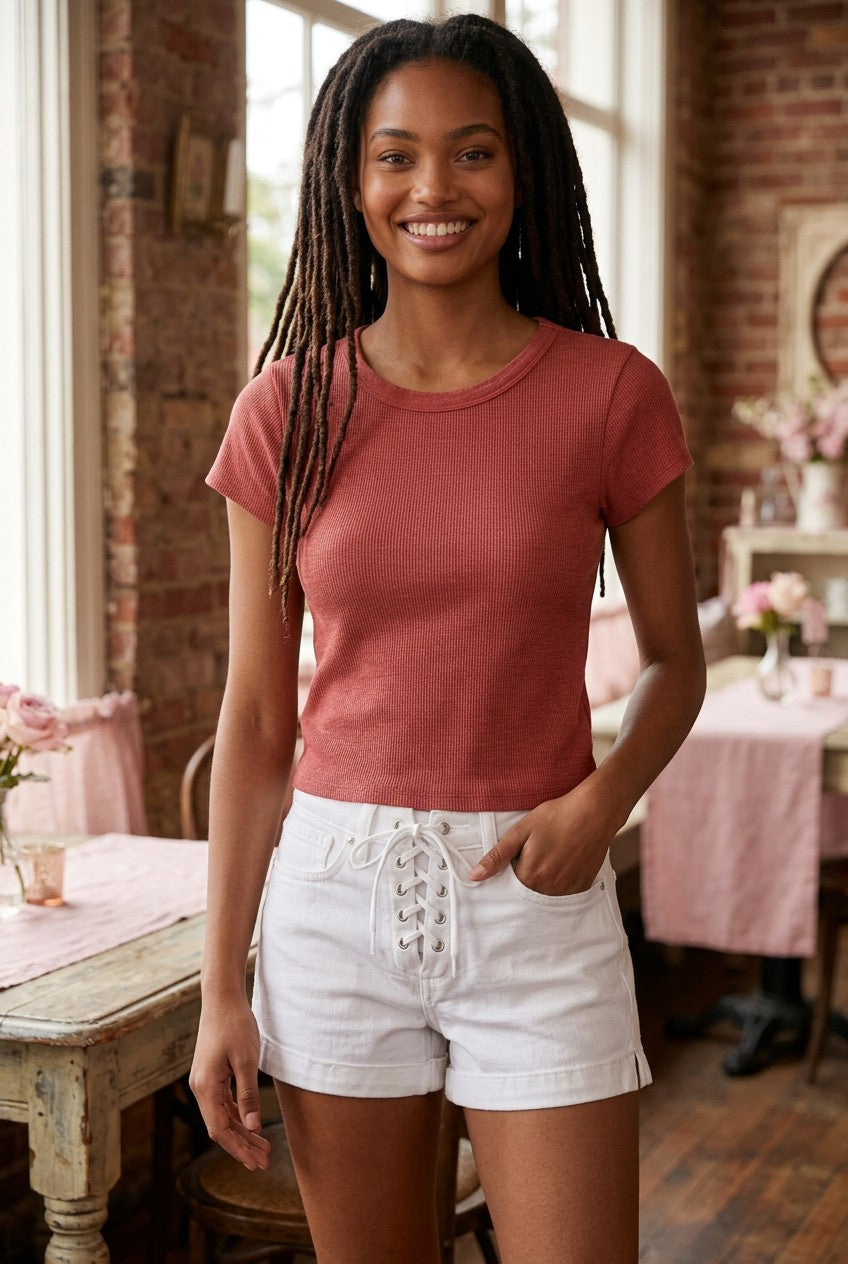 American Eagle Everyday Orange Ribbed Scoop Neck Tee - L