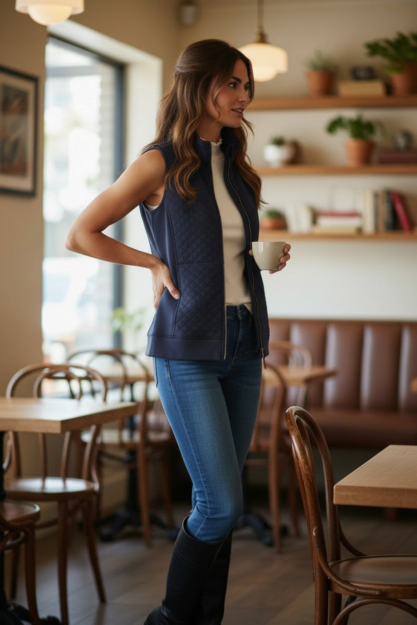 L.L. Bean Quilted Mock Neck Zip-Up Vest Navy Blue Size M