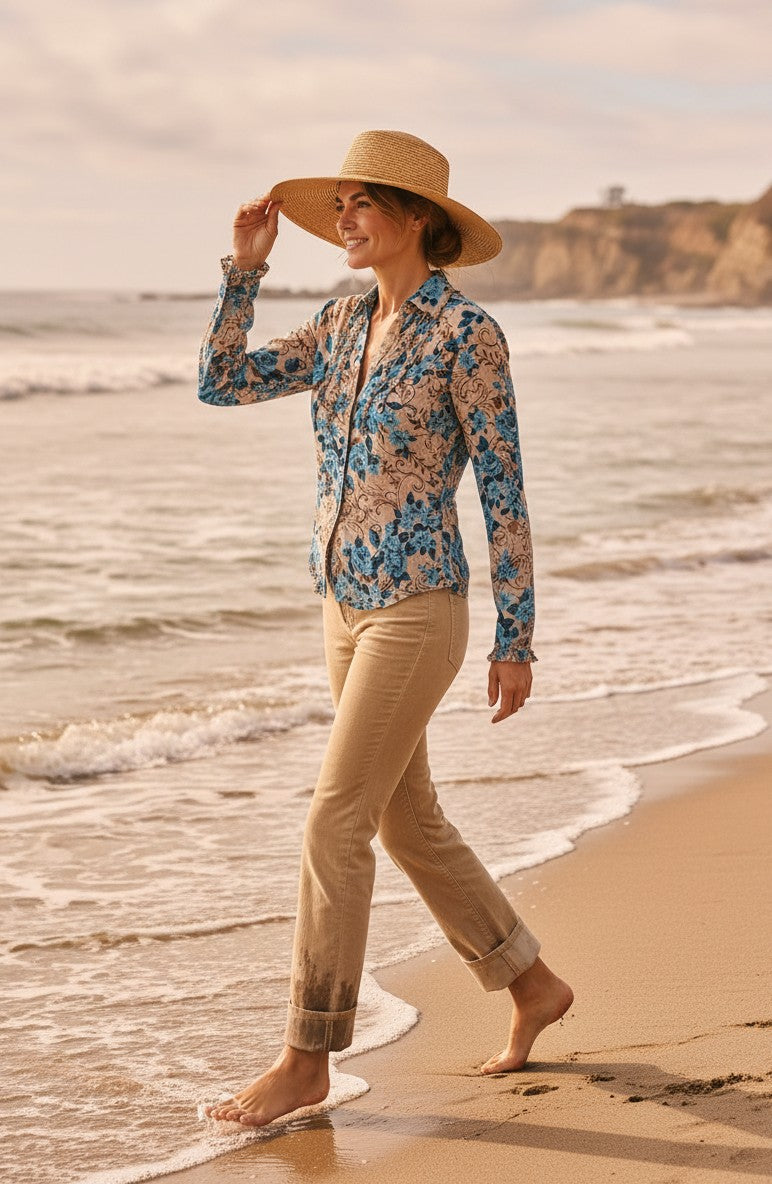 INC Blue & Tan Floral Long Sleeve Button Up Blouse - 2P