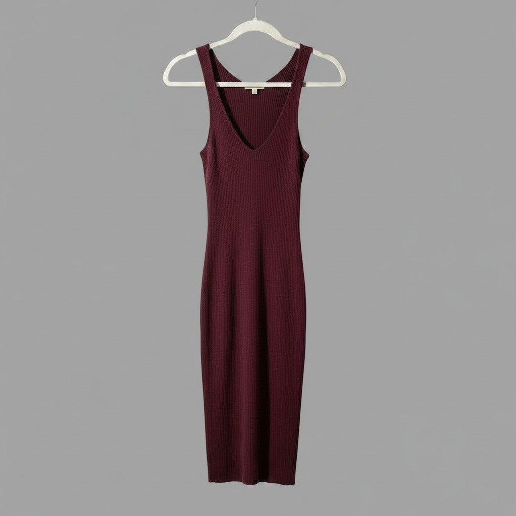 Burgundy Ribbed Knit Midi Bodycon Dress Side Slits