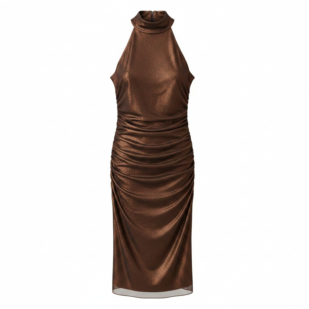 Express Bronze Shimmer Mock Neck Ruched Midi Dress - Size XS