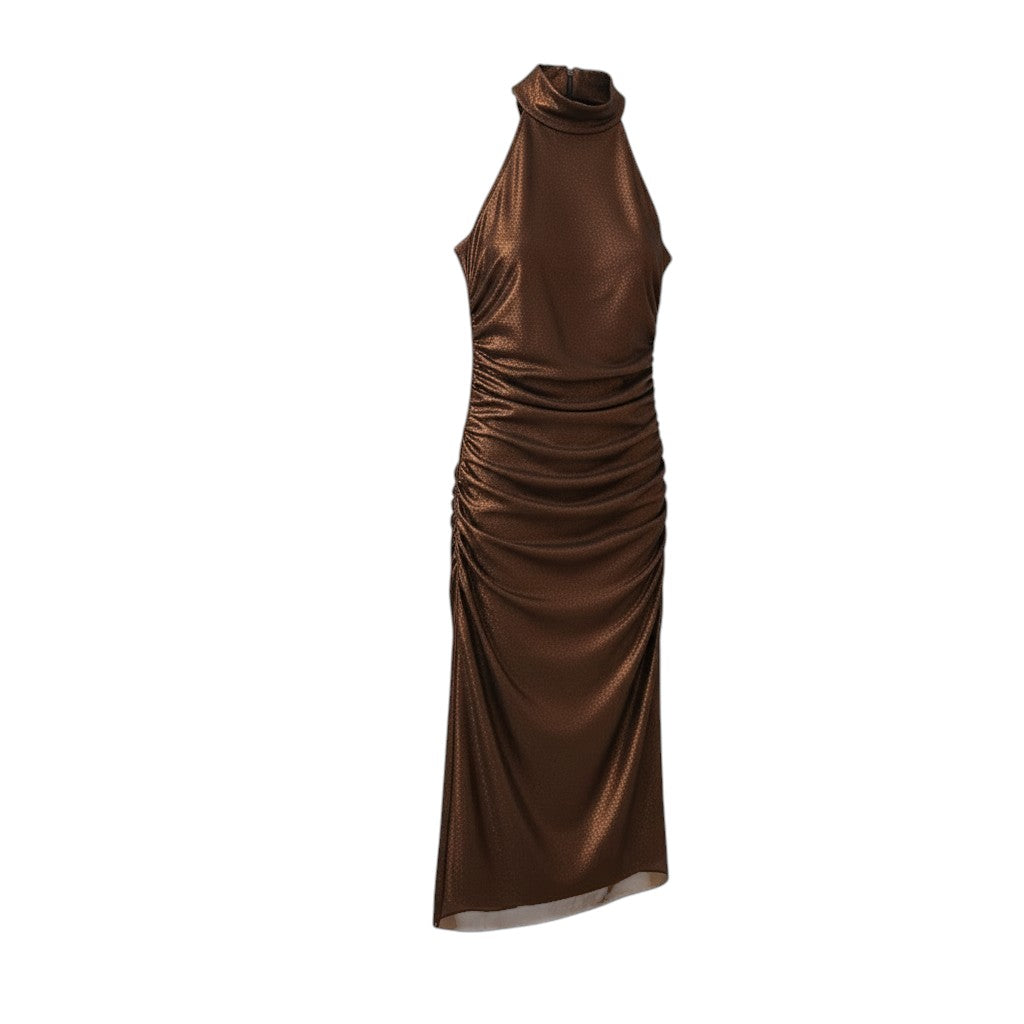 Express Bronze Shimmer Mock Neck Ruched Midi Dress - Size XS