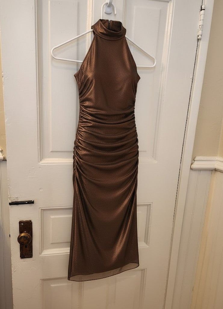 Express Bronze Shimmer Mock Neck Ruched Midi Dress - Size XS