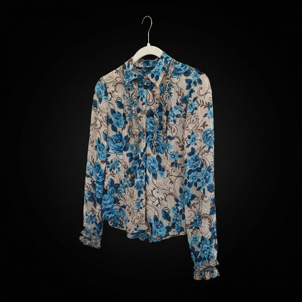 INC Blue & Tan Floral Long Sleeve Button Up Blouse - 2P