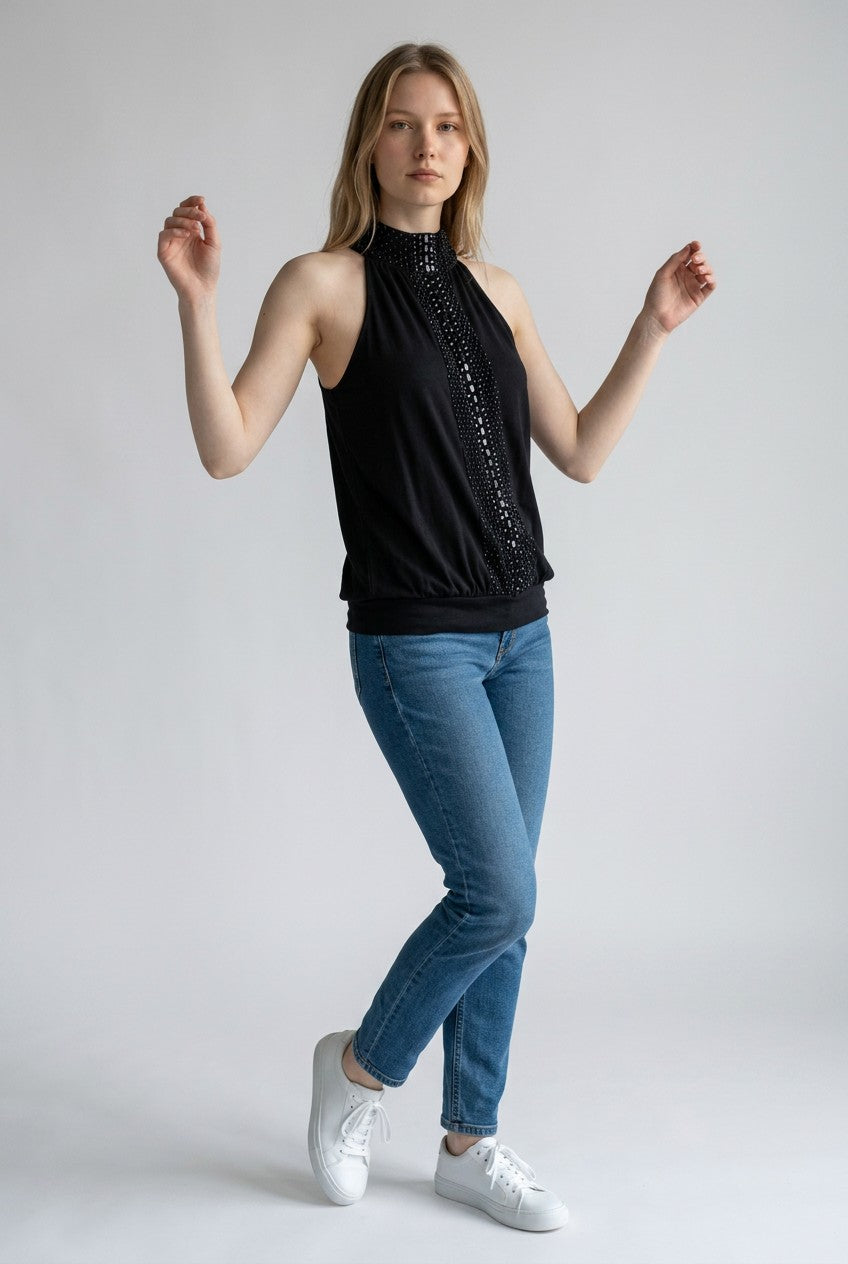 I.N.C. Black Sleeveless Sequin Mock Neck Top Size M