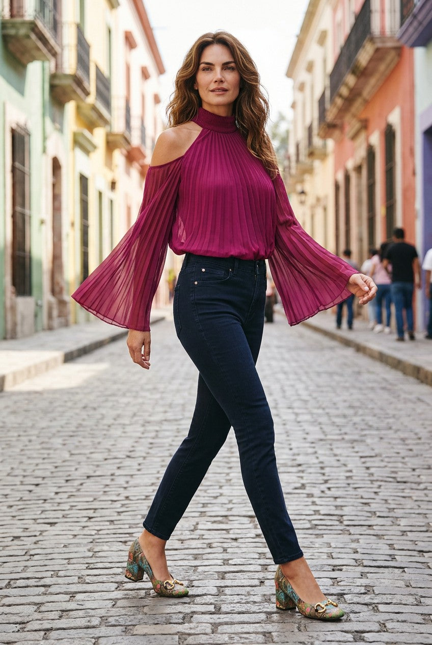 Express Pleated Cold Shoulder Halter Top Blouse Burgundy XS Excellent Condition