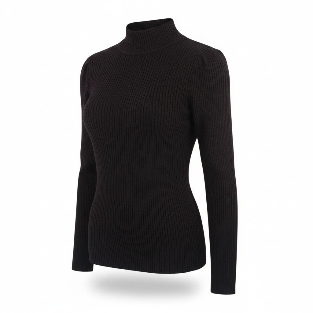 Olivia Grey Ribbed Knit Mock Neck Slim Fit Sweater Black XS