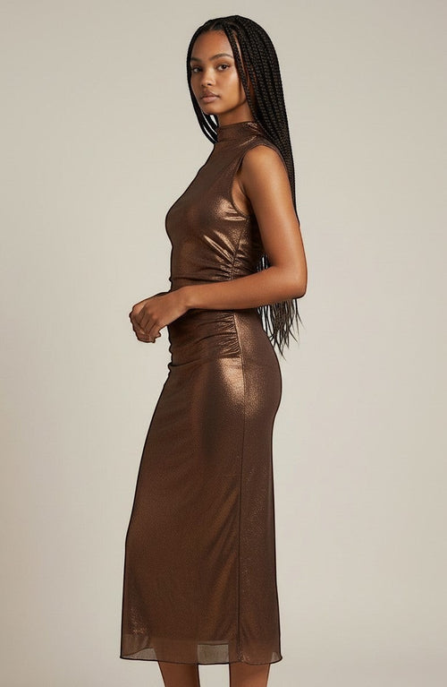 EXPRESS Bronze Shimmer Mock Neck Sleeveless Ruched Midi Dress